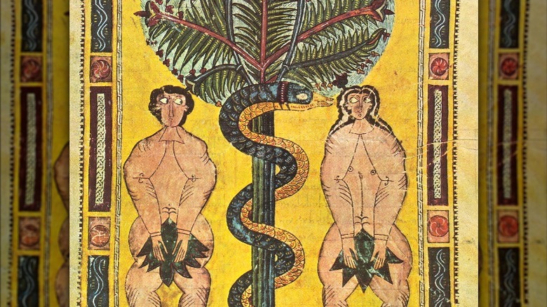 Illuminated manuscript image of Adam and Eve