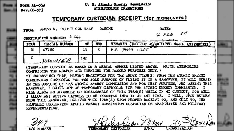 "Temporary Custodian Receipt" for a nuclear weapon
