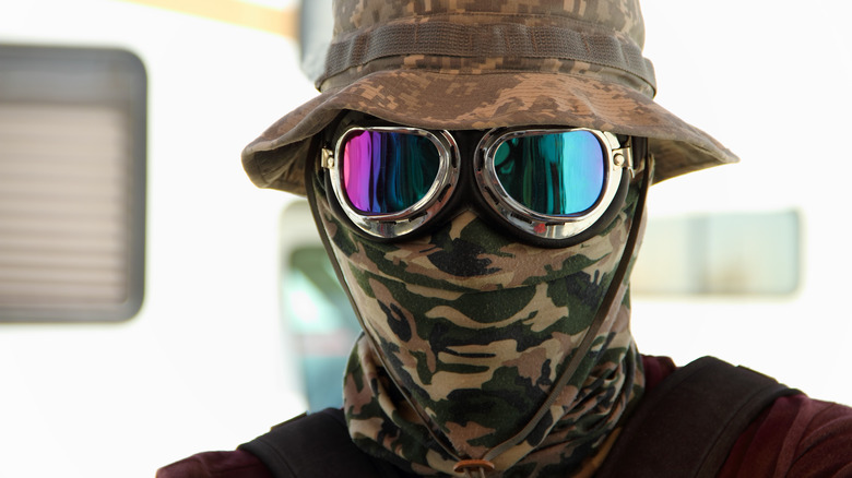 person camo mask goggles hat