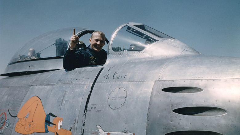 Buzz Aldrin in a fighter cockpit
