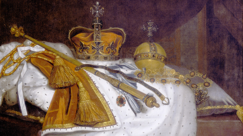 painting of yellow crown, sceptor, white robe