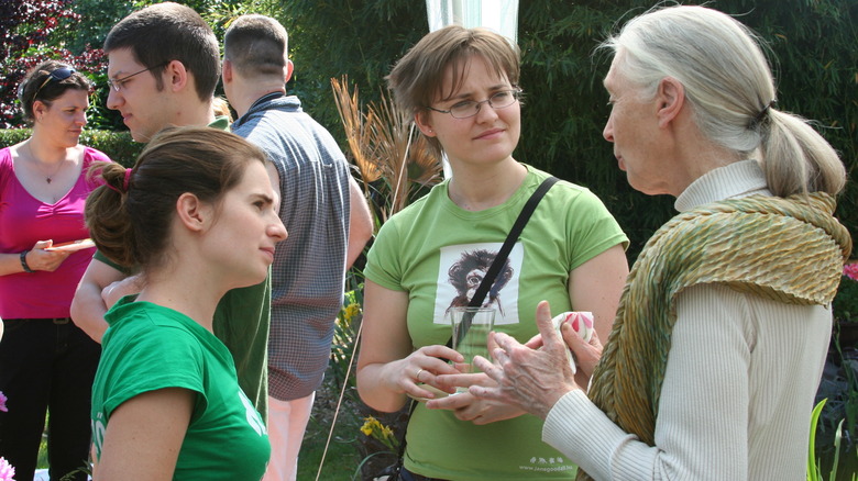 Jane Goodall talking to two women