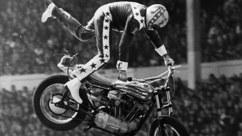 Evel Knievel falling over motorcycle 