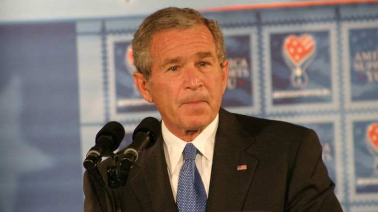 George W. Bush looking confused while giving a speech
