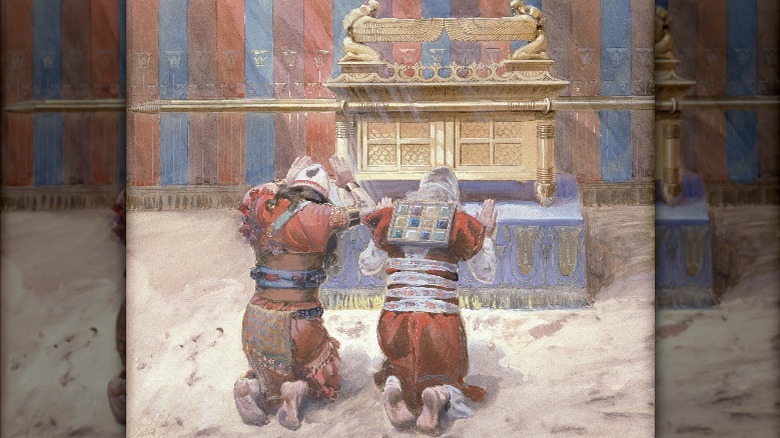 Joshua and Moses kneeling before the Tabernacle painting