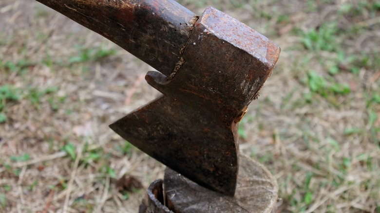 Rusty ax in log