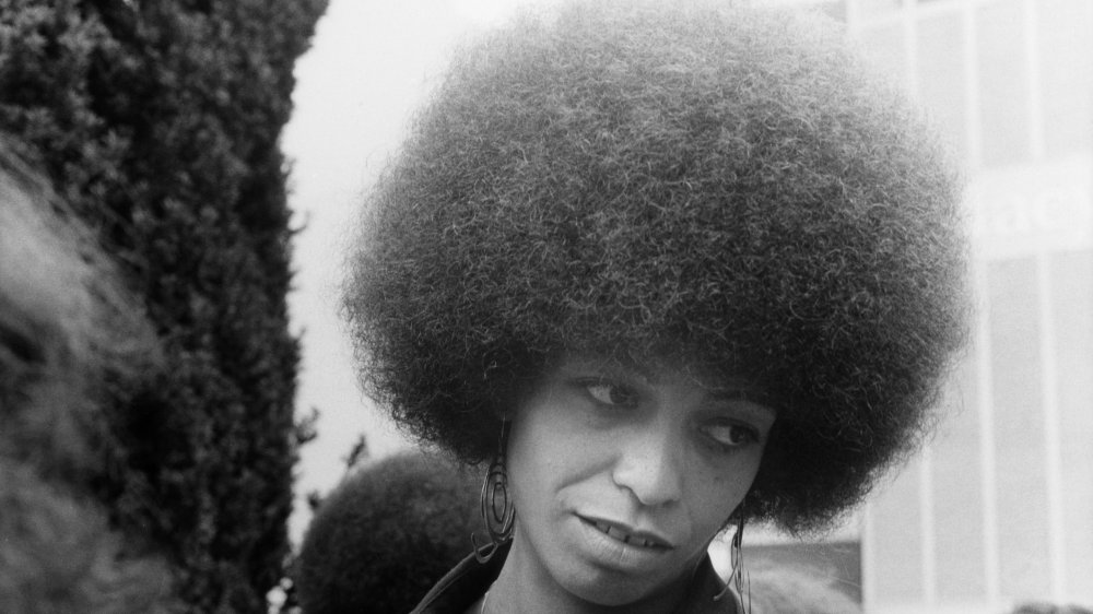 Close-up of American political activist and academic Angela Davis in Union Square