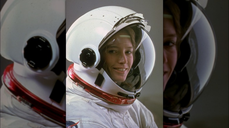 Anna Fisher wearing her space suit