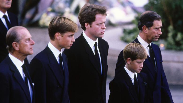 Prince Philip, Duke of Edinburgh; Prince William; Earl Charles Spencer; Prince Harry and Prince Charles, walk behind Princess Diana's funeral cortege