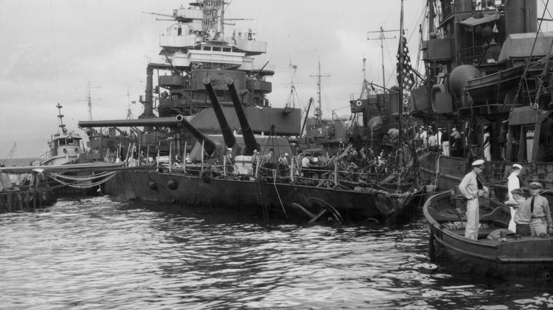 Sailors inspect Pearl Harbor damage