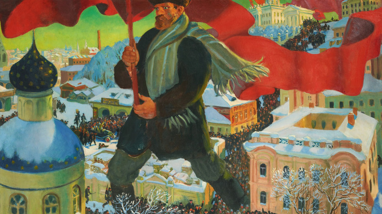 The Bolshevik leader holding flag