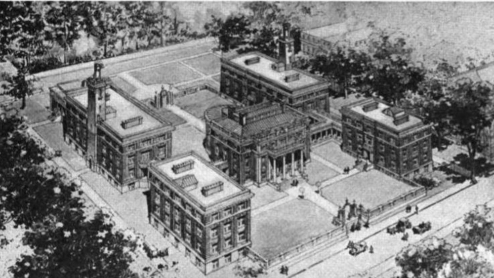 Old drawing of Harvard University, view from the top