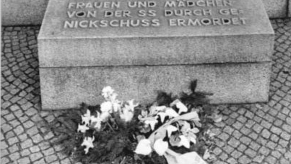 Flowers placed at a memorial at the Ravensbrück female concentration camp 