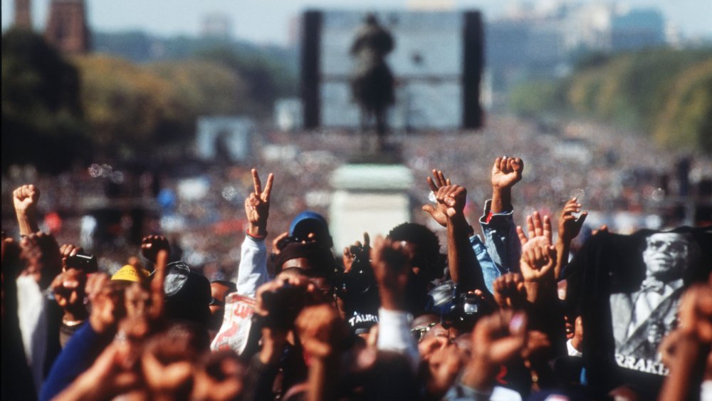 Crowds of black Americans gather at the Washington Mall for the Million Man March in 1995