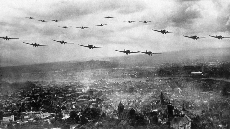 Bombers in formation over a city