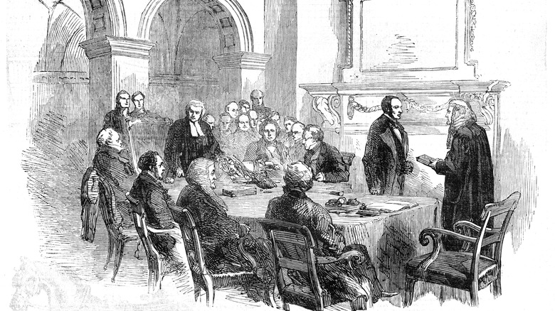 Illustration of men around a table 