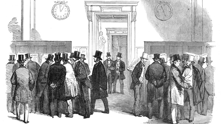 Drawing of men huddled at bank