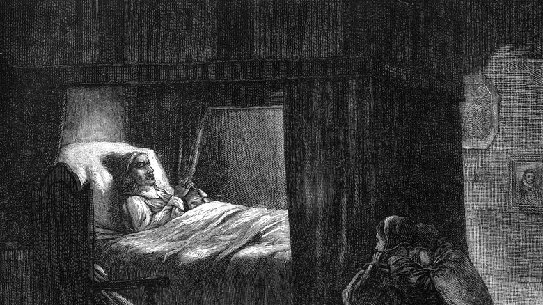 Illustration of a man in bed sick. 