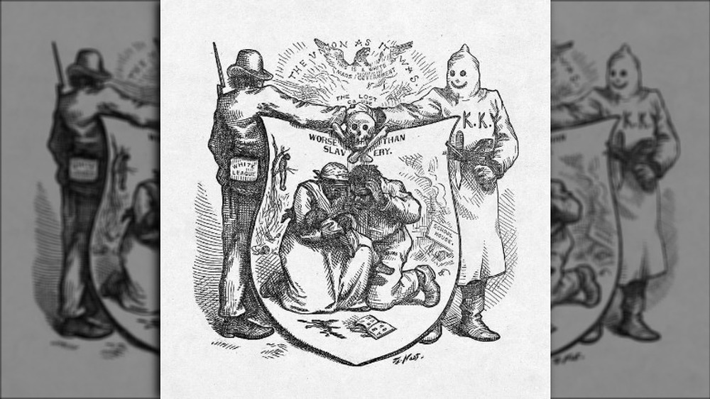 An October 24th, 1874 Harper's Magazine editorial cartoon by Thomas Nast denouncing KKK and White League murders of innocent Blacks