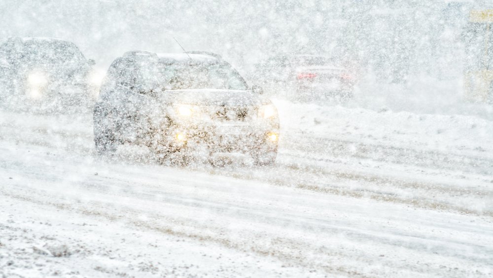 Cars driving in a blizzard