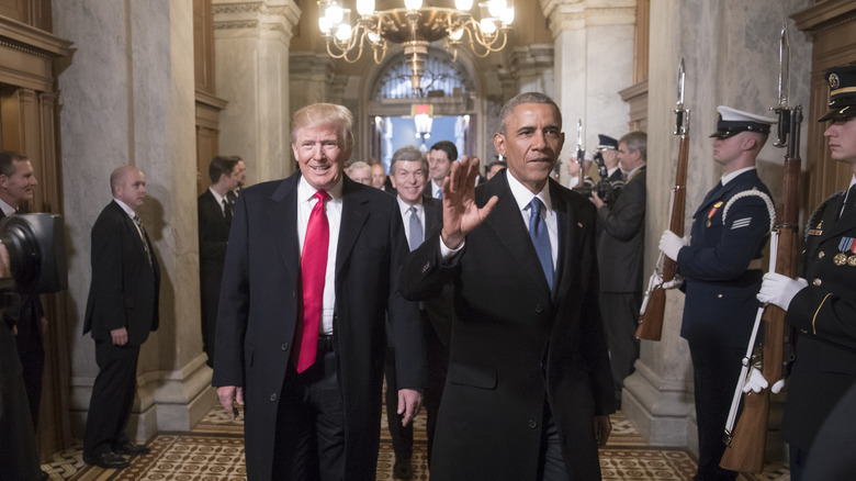 Donald Trump and Barack Obama walking through white house