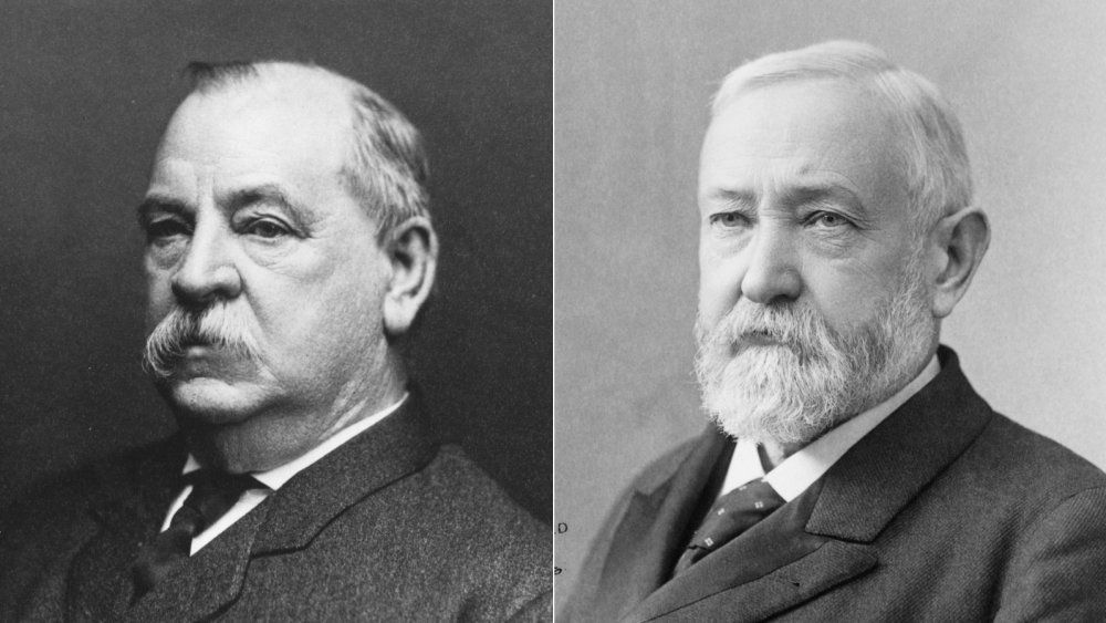 Photographs of presidents Grover Cleveland and Benjamin Harrison.
