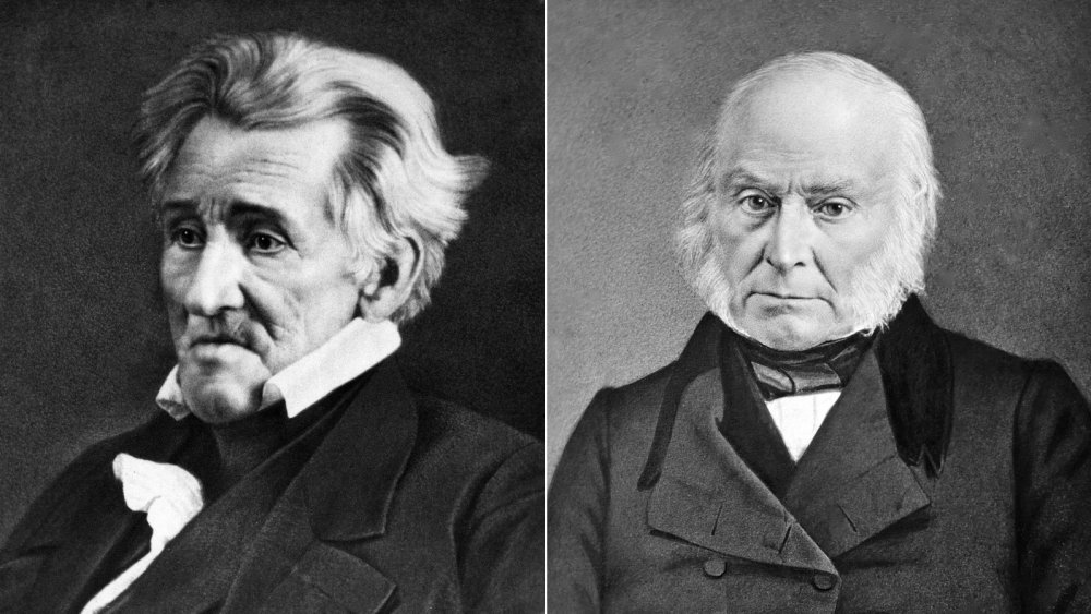 Photographs of presidents Andrew Jackson and John Quincy Adams.