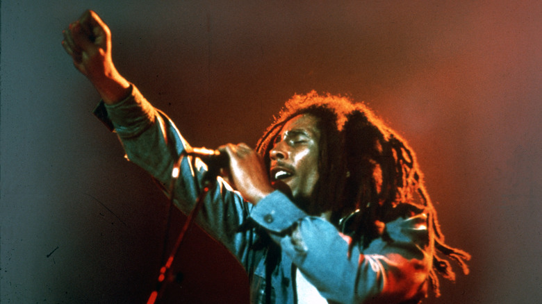 Bob Marley fist raised singing mic onstage