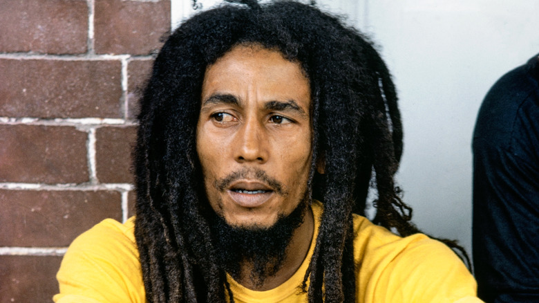 Bob Marley yellow shirt dreads staring to side