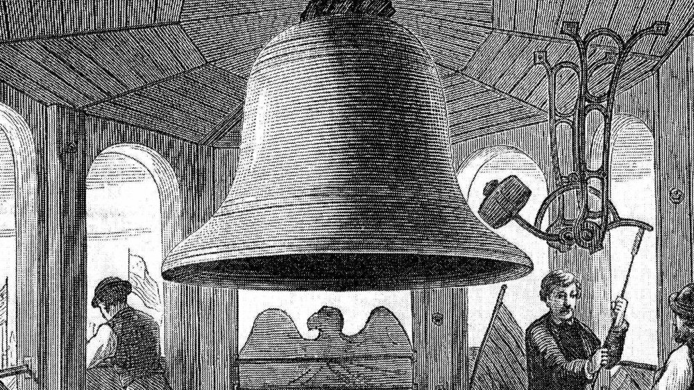 An engraving of the Centennial Bell in the Independence Hall Belfry in 1876
