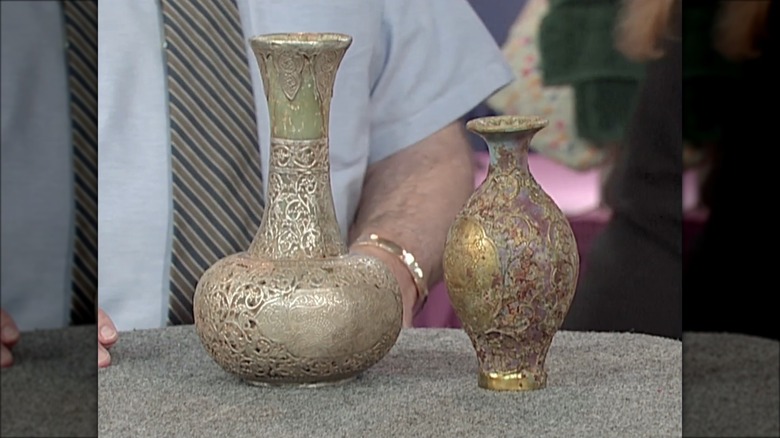 two metal and stone vases