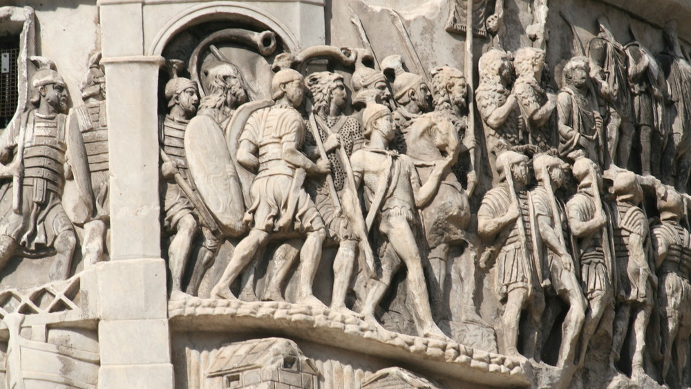 Detail from the Column of Marcus Aurelius in Rome showing ancient Roman soldiers
