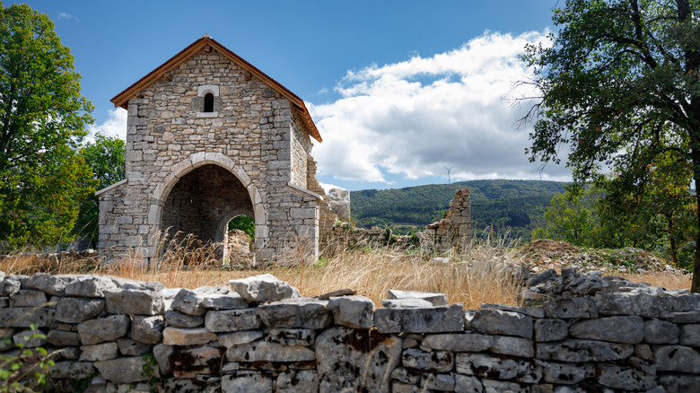abandoned stone church countryside