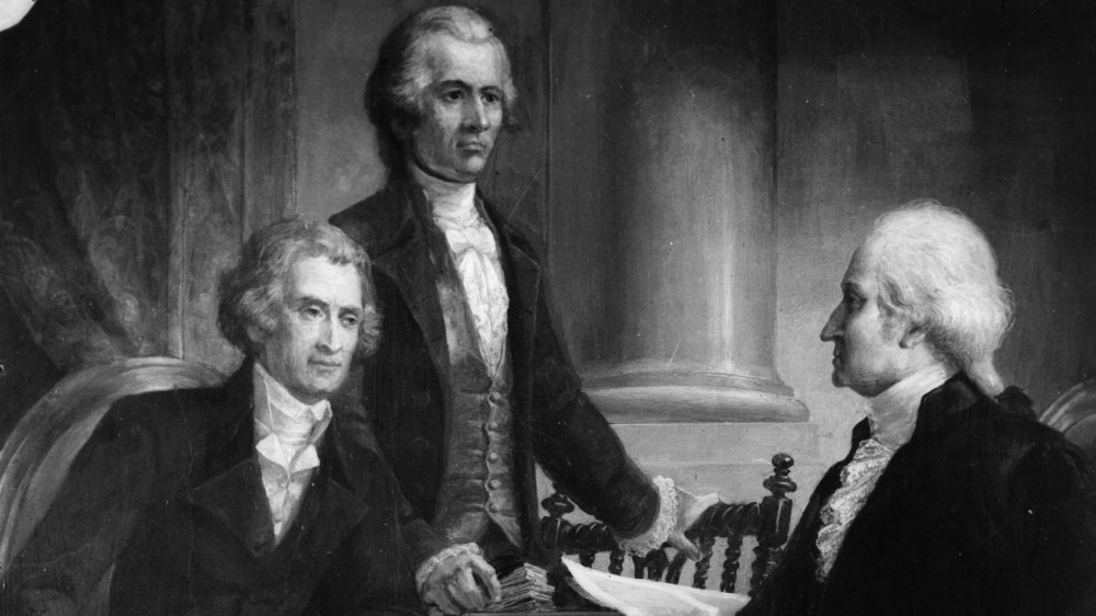 Geroge Washington consulting Thomas Jefferson and Alexander Hamilton