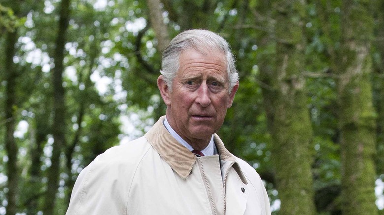 Charles III in forest tan jacket glum