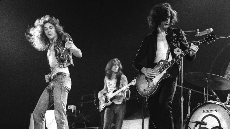 Black and white photo of Led Zeppelin performing