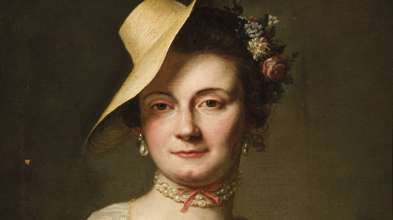 Portrait of the Chevalier d'Éon tilted hat flowers