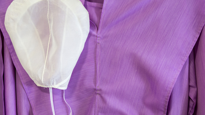 closeup of purple amish dress and white kapp