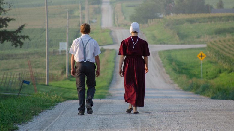 amish man and woman walking on road