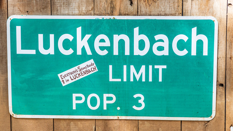 Luckenbach, Texas green road sign pop. 3 on wood
