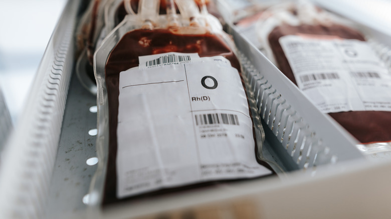 Closeup shot of donated bags of blood