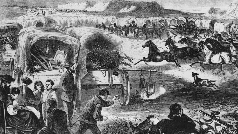 lithograph depicting wagon train during westward expansion