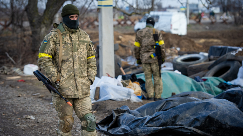 Ukrainian troops digging trench