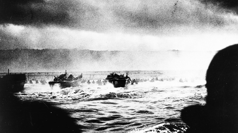 Landing craft puts troops ashore on Omaha Beach, D-Day