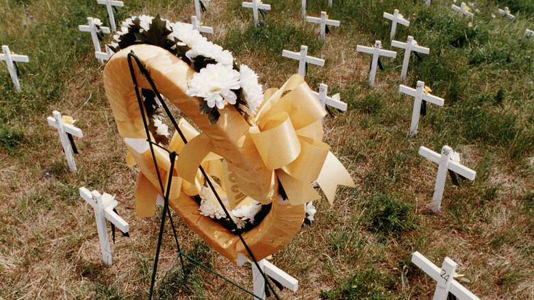 White crosses and memorial wreath