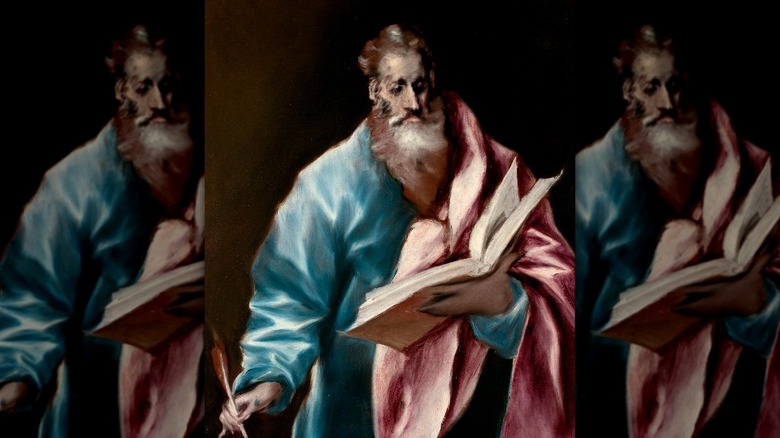 Painting of St. Matthew holding book and quill