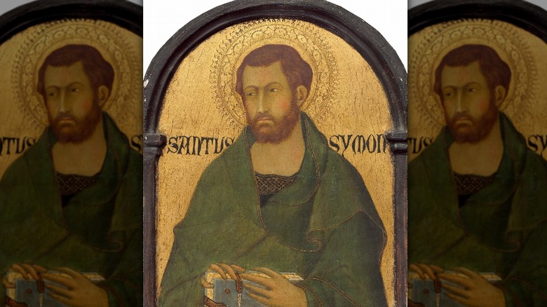 Icon of St. Simon the Zealot on gold background holding book