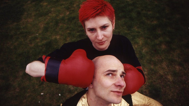 Chumbawamba with red boxing gloves in 1992