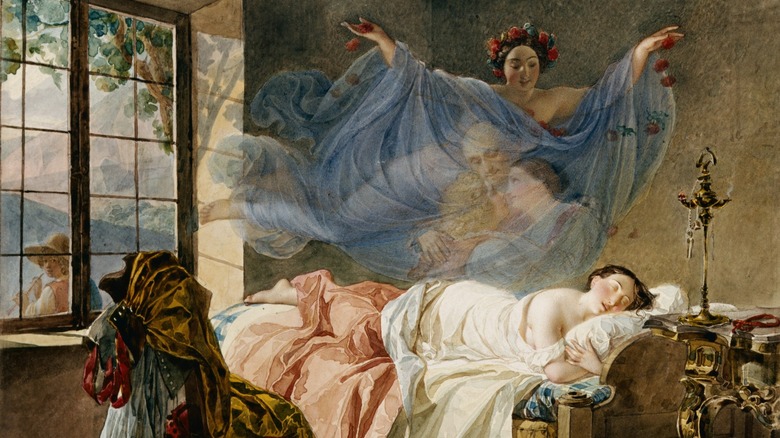 Painting of woman floating above body