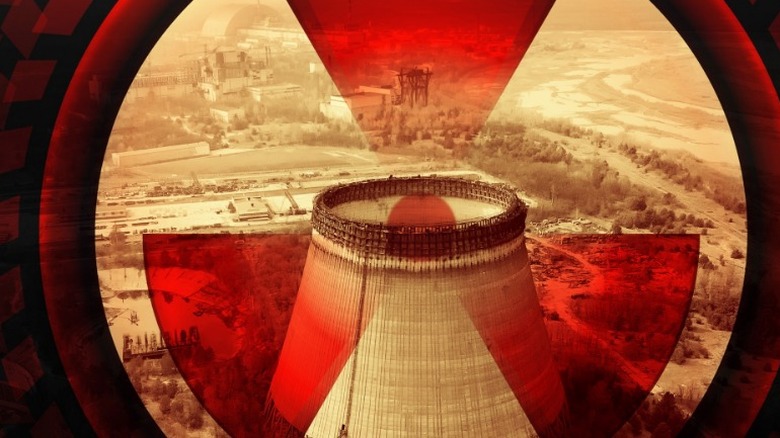Radiation danger symbol over Chernobyl plant